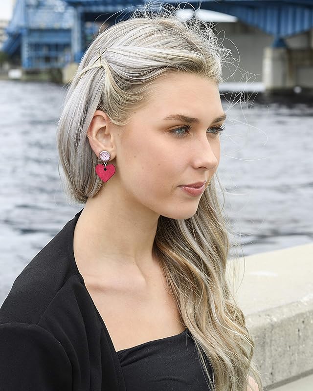 Summerfield Collection Stainless Steel Pink White Glitter Glass Red Heart Wood Drop Earrings