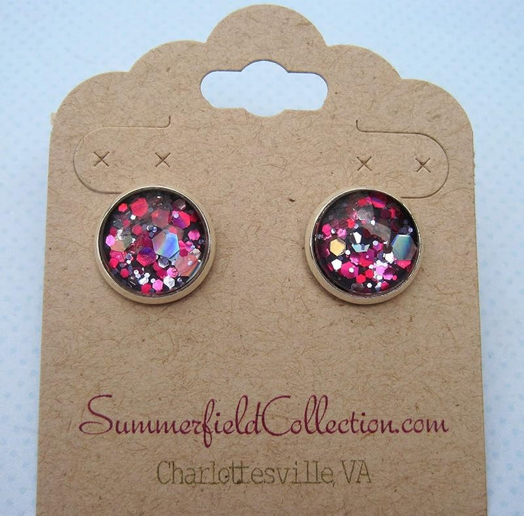 Summerfield Collection Silver-Tone Charcoal Gray and Pink Hexagon Glitter Glass Stud Earrings 12mm