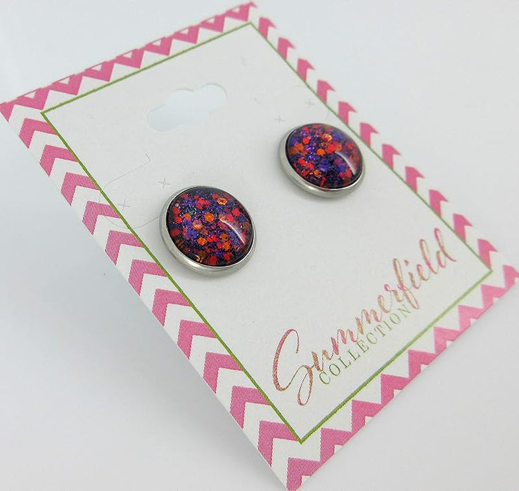 Summerfield Collection Stainless Steel Purple Orange Glitter Glass Stud Earrings Hand-painted 12mm