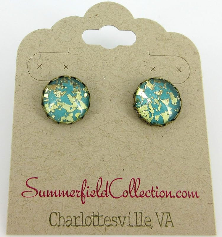 Summerfield Collection Antiqued Gold-tone Teal Blue Green Glitter Glass Stud Earrings Hand-painted 12mm