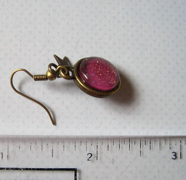 Summerfield Collection Antiqued Gold-tone Glitter Glass Star Charm Galaxy Dangle Earrings Plum Berry Purple Hand-painted