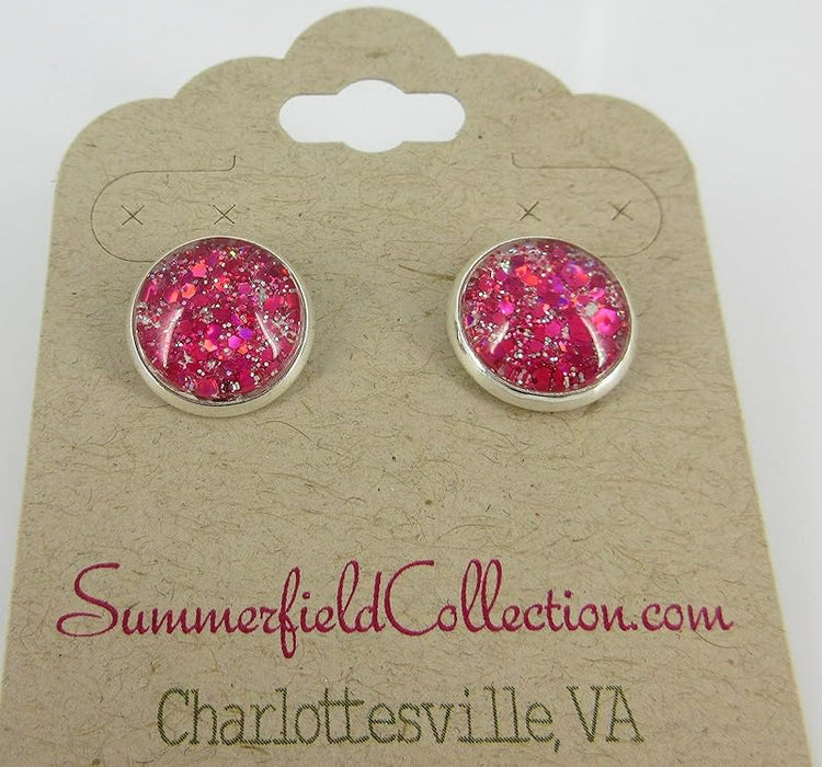 Summerfield Collection Silver-tone Hot Pink and Pearly White Glitter Glass Stud Earrings Hand-painted 12mm