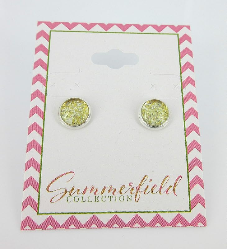 Summerfield Collection Silver-tone Yellow Gold Glitter Glass Stud Earrings Hand-painted 8mm