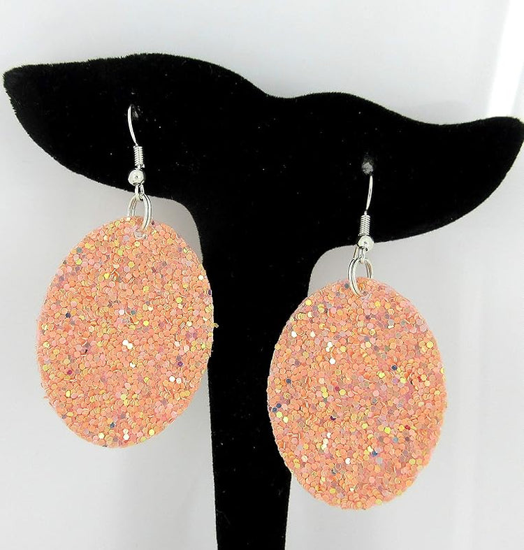 Summerfield Collection Silver-tone Glitter Faux Leather Oval Dangle Earrings (Peachy Pink)