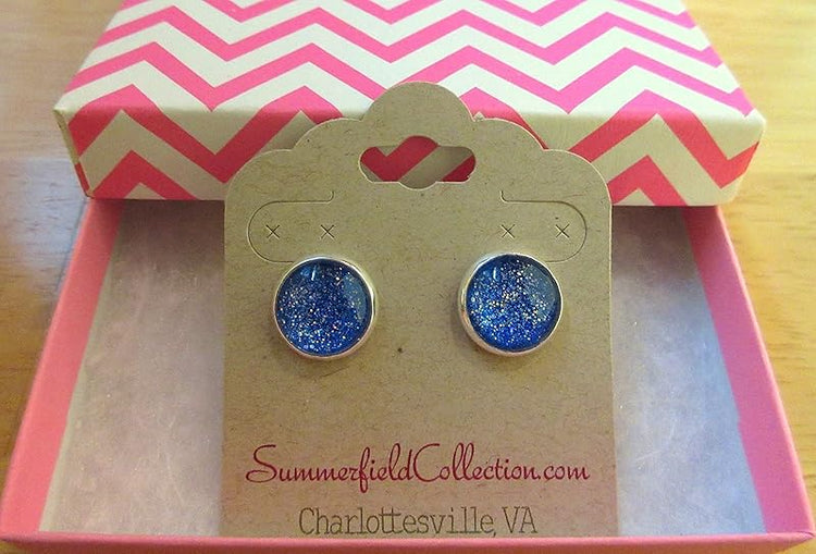 Summerfield Collection Silver-tone Cobalt Blue Holographic Glitter Glass Stud Earrings Hand-painted 12mm