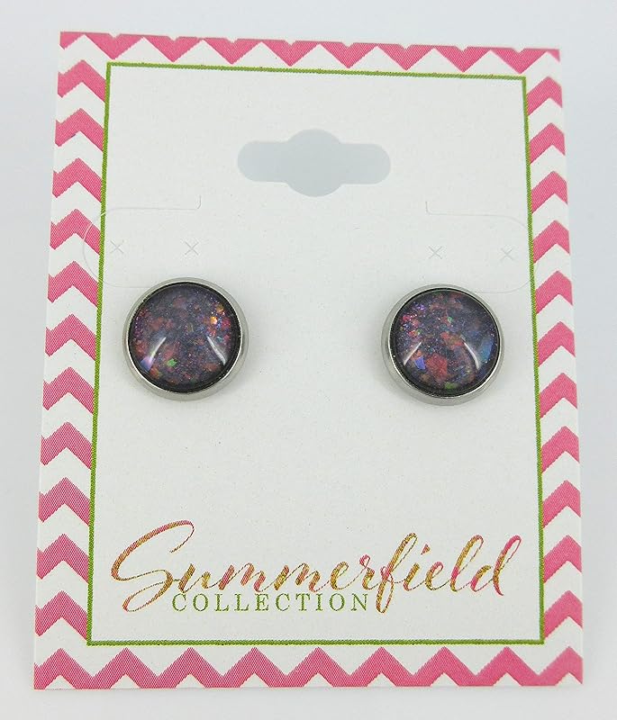 Summerfield Collection Stainless Steel Charcoal Gray and Rainbow Glitter Flake Glass Stud Earrings Hand-painted 10mm