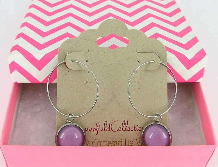 Summerfield Collection Stainless Steel Lavender Purple Glass Charm Hoop Earrings Hand-painted 1"