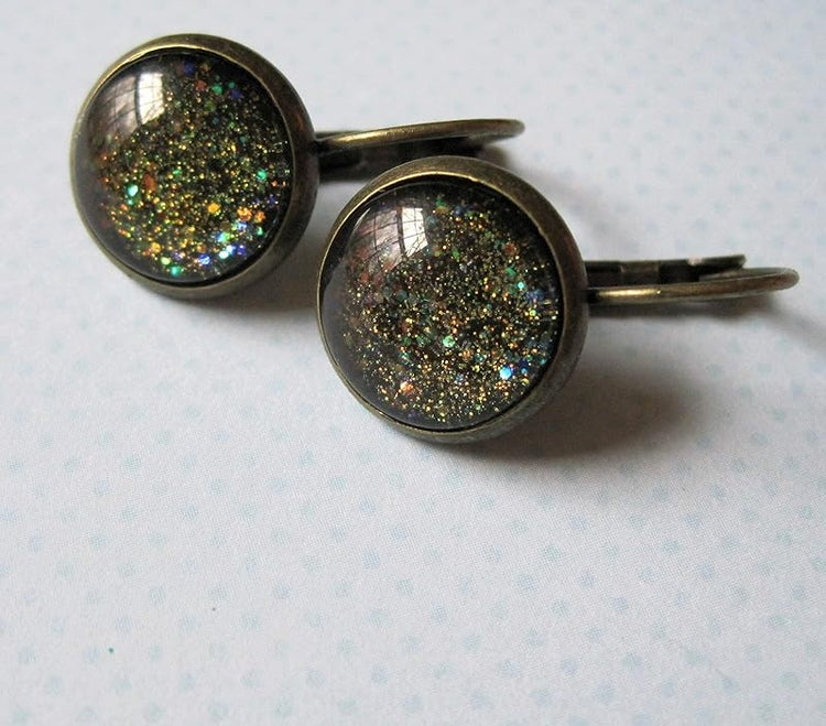Summerfield Collection Antiqued Gold-tone Black Glitter Glass Lever-back Drop Galaxy Earrings Hand-painted