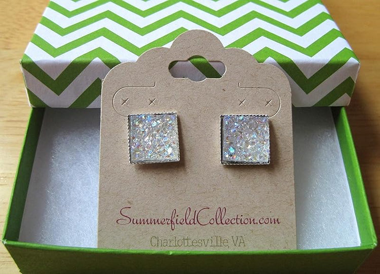 Summerfield Collection Silver-tone Metallic Geometric Square Shaped Chunky Faux Druzy Stud Earrings 12mm Statement (Clear AB)