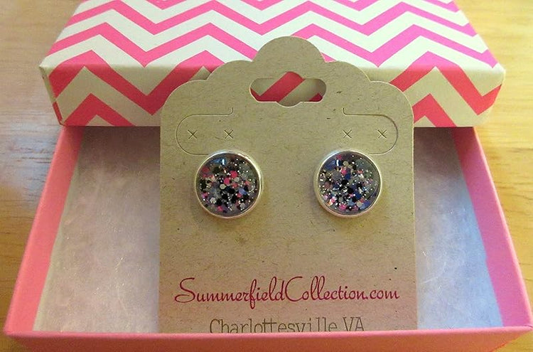 Summerfield Collection Silver-tone Gray Purple Black Neon Pink Glitter Glass Stud Earrings Hand-painted 12mm