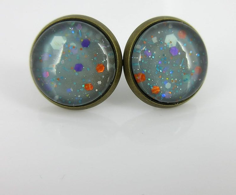 Summerfield Collection Trio Antiqued Gold-tone Stud Earrings Blue Orange Glitter Glass Clear AB Faux Druzy Stone Set 12mm