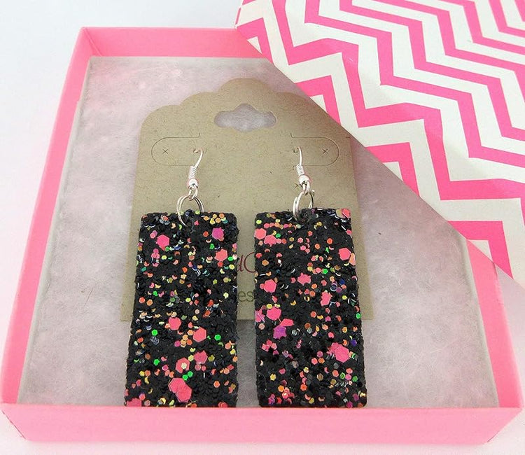 Summerfield Collection Silver-tone Glitter Faux Leather Large Rectangle Dangle Earrings (Black and Rainbow)