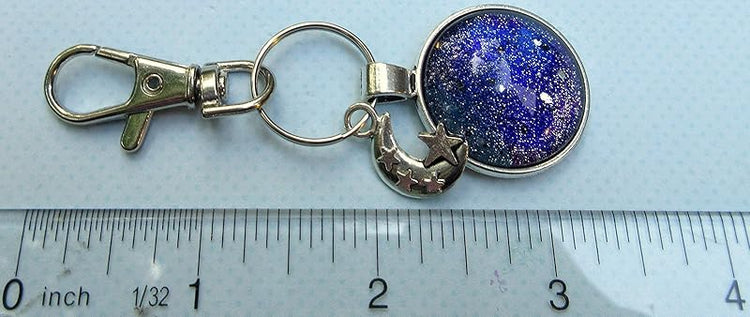 Summerfield Collection Antiqued Silver-tone Glitter Glass Galaxy Keychain Moon and Star Charm Hand-painted