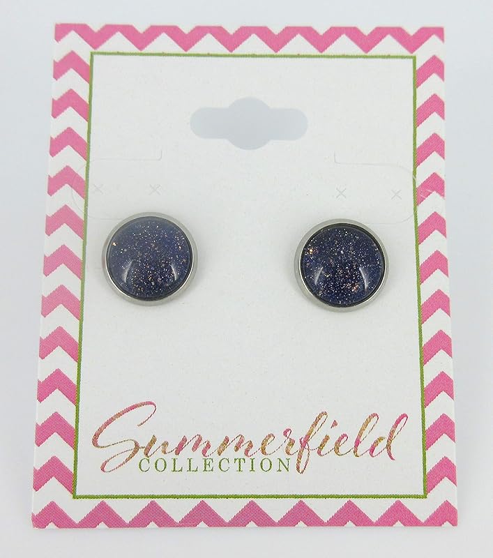 Summerfield Collection Stainless Steel Dark Purple and Gold Glitter Glass Stud Earrings Hand-painted 10mm