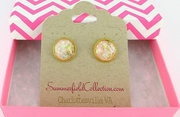 Summerfield Collection Shiny Gold-tone Pink and Opalescent Leaf Resin Stud Earrings 12mm