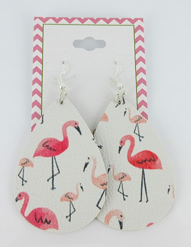 Summerfield Collection White and Pink Flamingo Faux Leather Large Teardrop Dangle Earrings