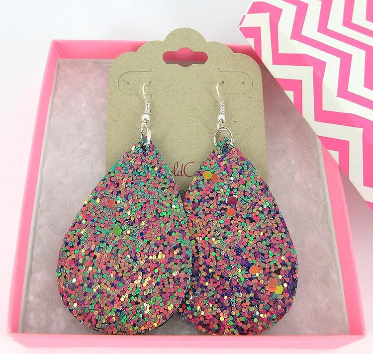 Summerfield Collection Silver-tone Glitter Faux Leather Large Teardrop Dangle Earrings (Teal and Pink)