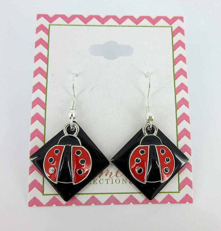 Summerfield Collection Silver-tone Black Enamel and Red Ladybug Charm Dangle Earrings