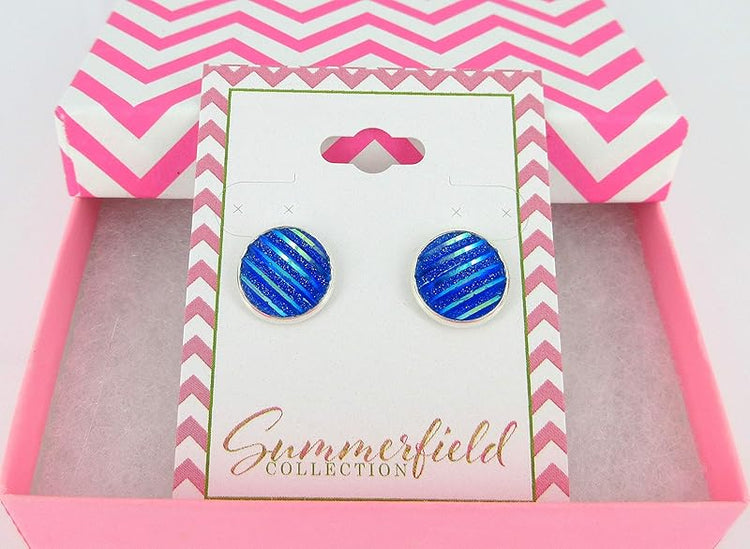Summerfield Collection Silver-tone Frosted Metallic Stripe Stud Earrings 12mm (Royal Blue AB)