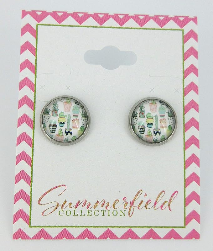 Summerfield Collection Stainless Steel Potted Succulent Print Glass Stud Earrings 12mm