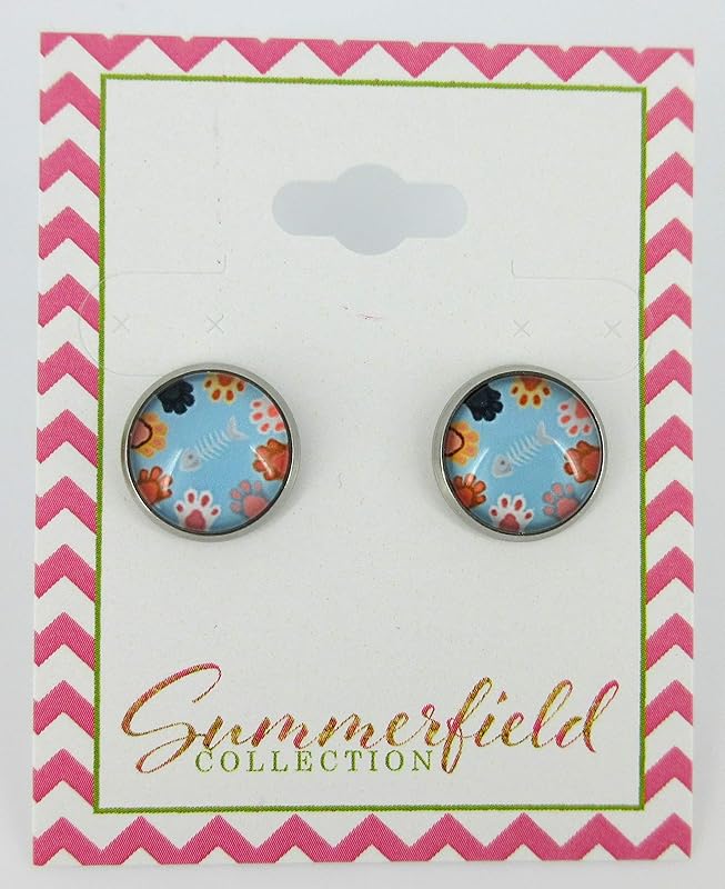 Summerfield Collection Stainless Steel Cat Paw Print Glass Stud Earrings 12mm (Sky Blue)