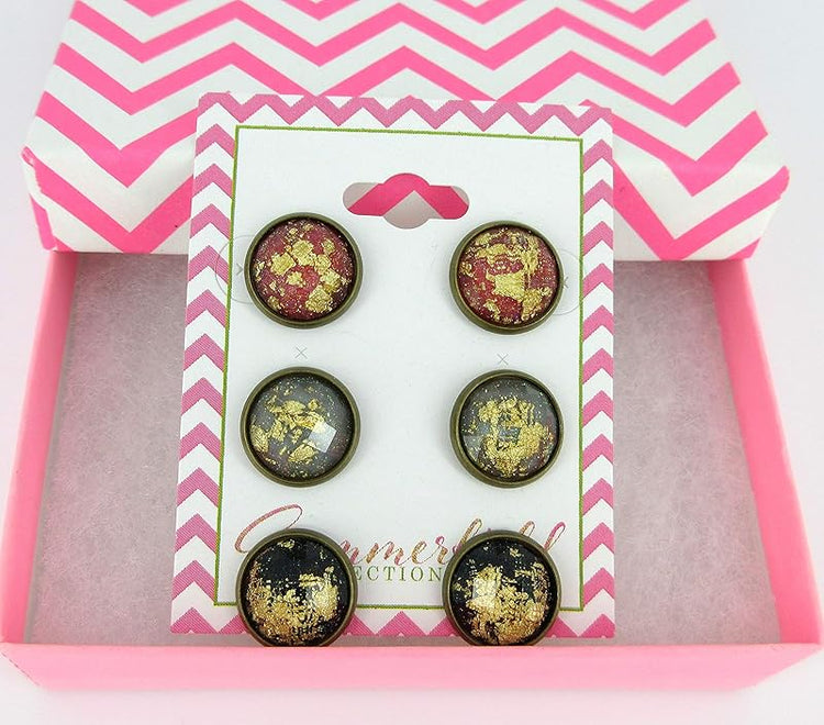 Summerfield Collection Trio Antiqued Gold-tone Leaf Foil Faceted Resin Stud Earrings Set 12mm (Red/Gray/Black)