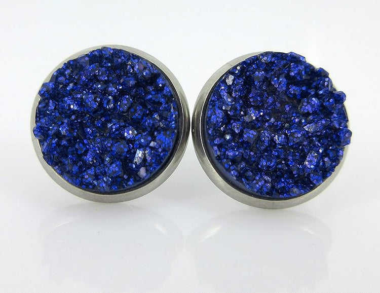 Summerfield Collection Duo Stainless Steel Glitter Faux Druzy Stone Stud Earrings Set (Orange/Indigo)