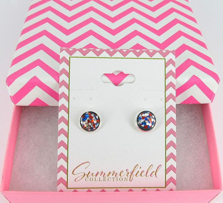 Summerfield Collection Silver-tone Patriotic Glitter Resin Stud Earrings Red Blue USA (8mm)
