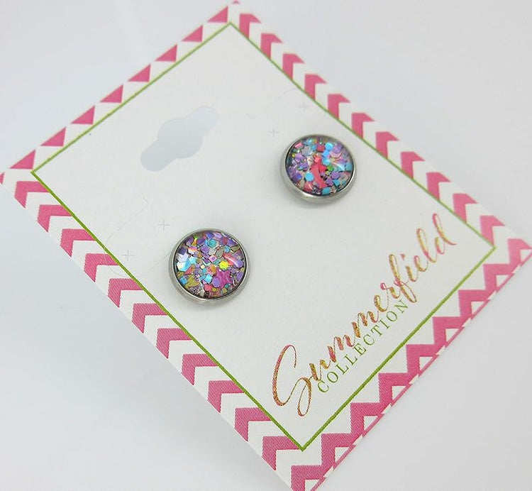 Summerfield Collection Stainless Steel Metallic Pastel Glitter Glass Stud Earrings Hand-painted 10mm