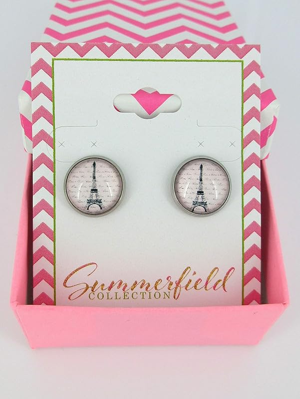 Summerfield Collection Stainless Steel Eiffel Tower Print Glass Stud Earrings 12mm Pink Black