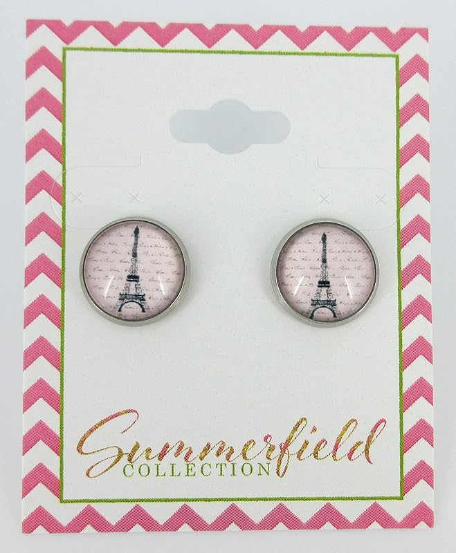 Summerfield Collection Stainless Steel Eiffel Tower Print Glass Stud Earrings 12mm Pink Black