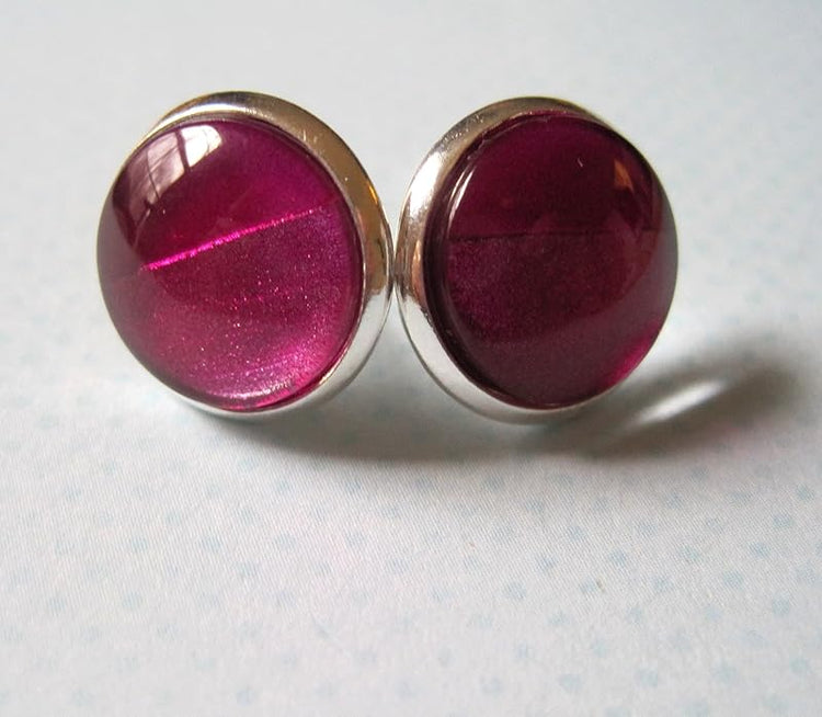 Summerfield Collection Silver-Tone Metallic Fuschia Part Matte Glass Stud Earrings 1/2" Round