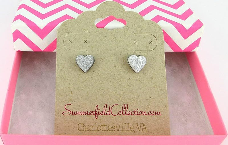 Summerfield Collection Stainless Steel Glitter Acrylic Heart Stud Earrings 8mm (Silver and White)