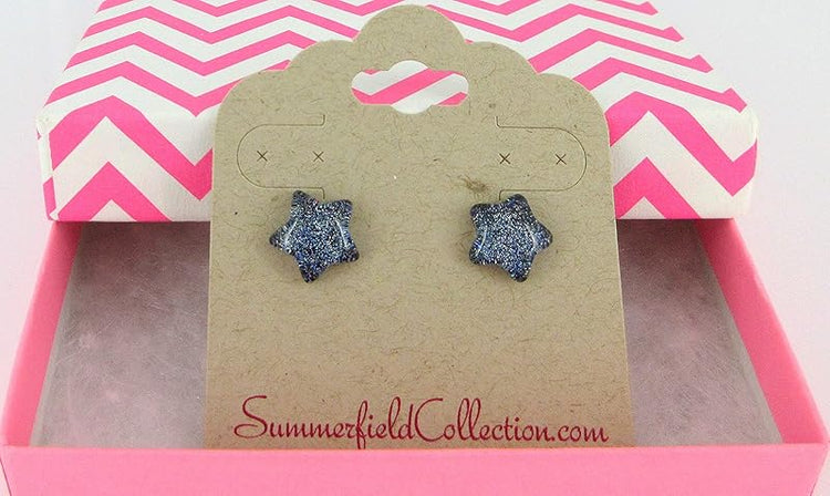 Summerfield Collection Blue Holographic Star Glitter Glass Galaxy Stud Earrings 10mm Hand-painted