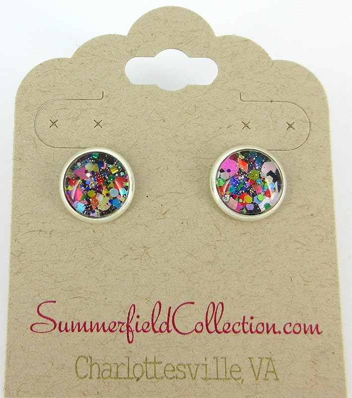 Summerfield Collection Silver-tone Black and Multi-Color Confetti Glitter Glass Stud Earrings Hand-painted 10mm