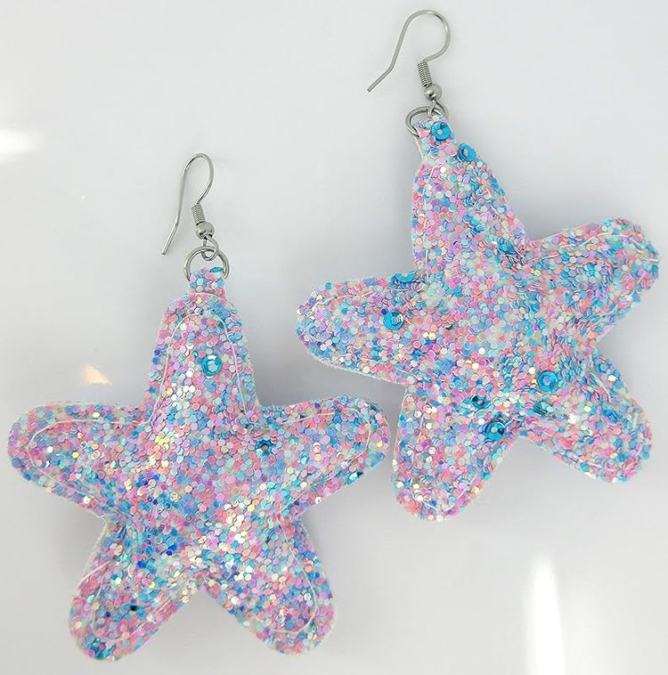 Summerfield Collection Stainless Steel Pastel Glitter Faux Leather Large Puffy Star Dangle Earrings (Lavender Purple)