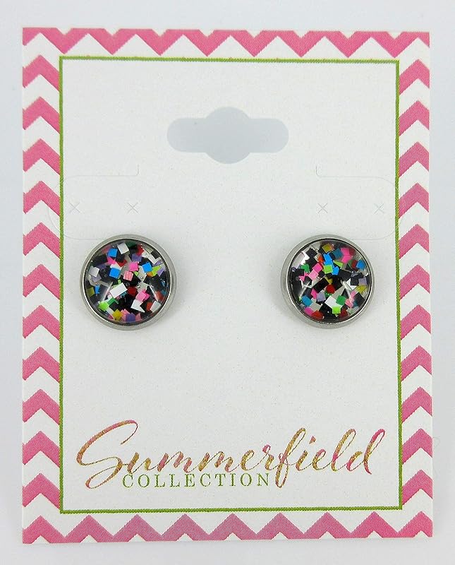 Summerfield Collection Stainless Steel Pixel Party Glitter Glass Stud Earrings Hand-painted 10mm