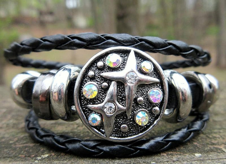 Summerfield Collection Interchangeable Snap Bracelet 3 Charm Set Blue Galaxy Glitter Glass Black Layered Leather