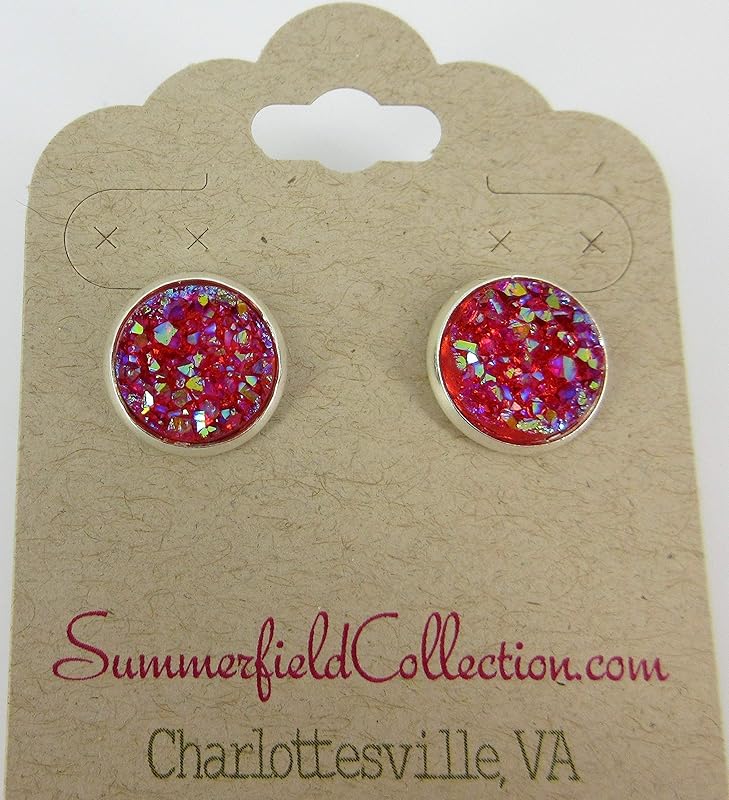 Summerfield Collection Silver-tone Translucent AB Faux Druzy Stone Stud Earrings 12mm (Raspberry)