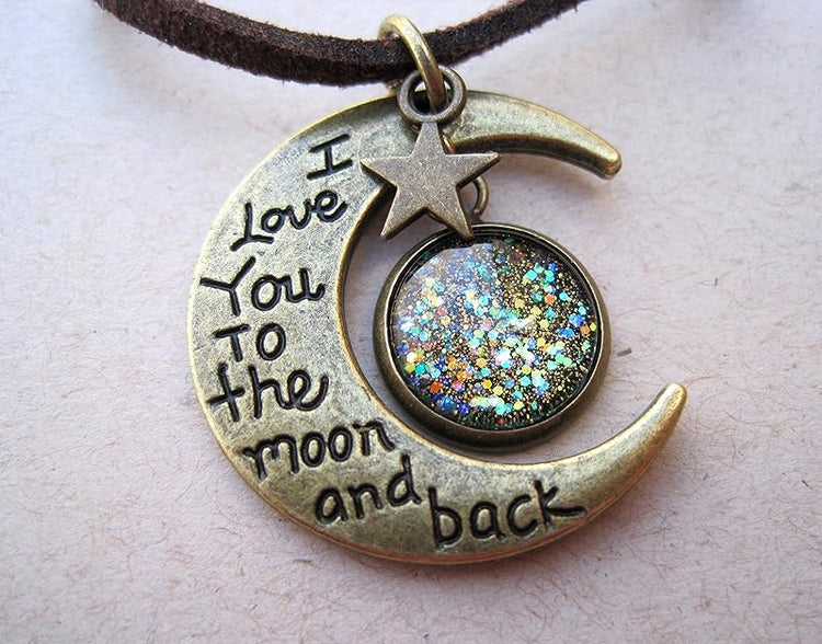Summerfield Collection Antiqued Gold-Tone Glitter Glass I Love You to the Moon and Back Pendant Necklace Brown Faux Suede