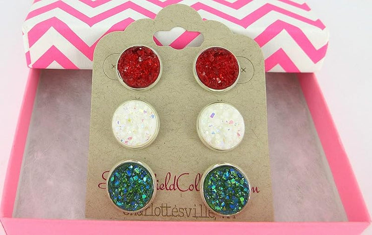 Summerfield Collection Trio Silver-tone Stud Earrings Faux Druzy Stone Red White AB Green Set 12mm