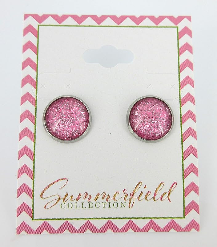 Summerfield Collection Stainless Steel Pink and Silver Glitter Glass Stud Earrings Hand-painted 12mm