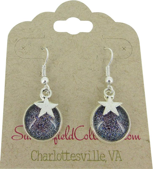 Summerfield Collection Silver-tone Holographic Glitter Glass Star Charm Galaxy Dangle Earrings Hand-painted