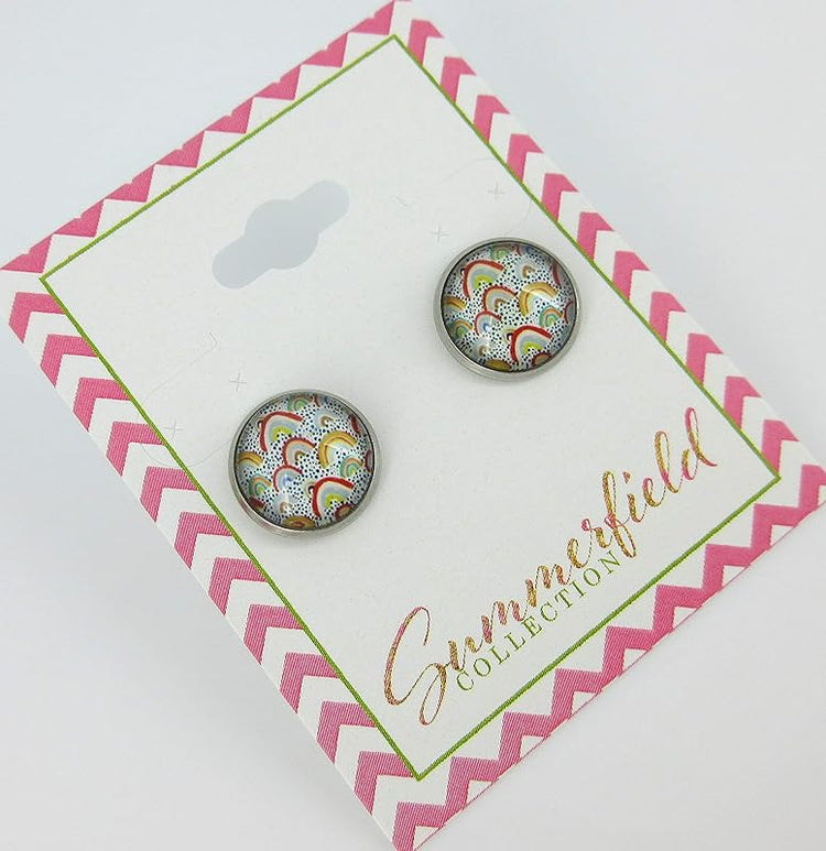 Summerfield Collection Stainless Steel Yellow Blue Vintage Rainbows Print Glass Stud Earrings 12mm Dots