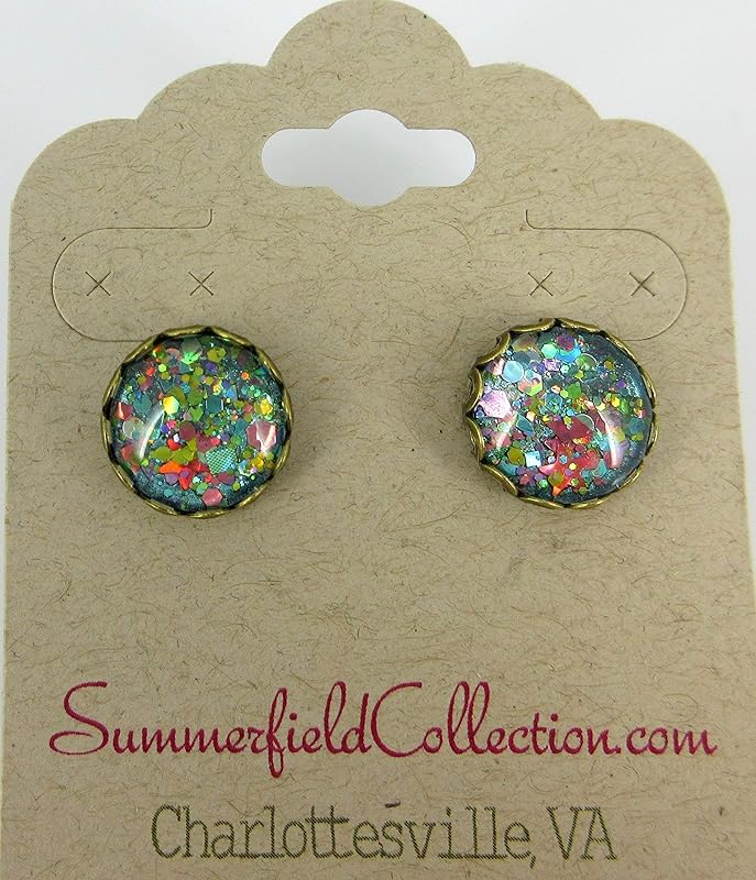 Summerfield Collection Antiqued Gold-tone Aqua Blue and Pink Glitter Glass Stud Earrings Hand-painted 12mm
