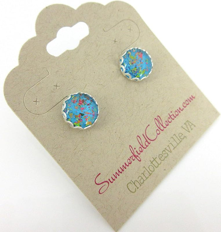 Summerfield Collection Silver-tone Aqua Blue and Rainbow Flake Glass Stud Earrings Hand-painted 10mm