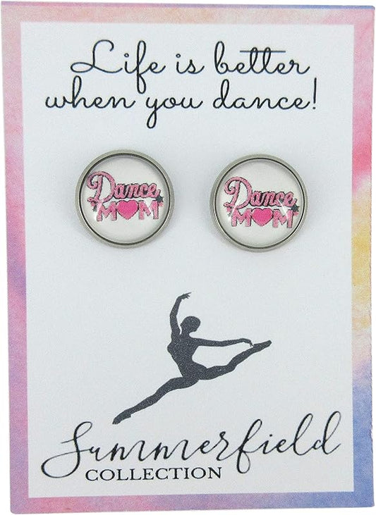Summerfield Collection Stainless Steel Dance Mom Print Glass Stud Earrings 12mm (White and Pink w/Heart)