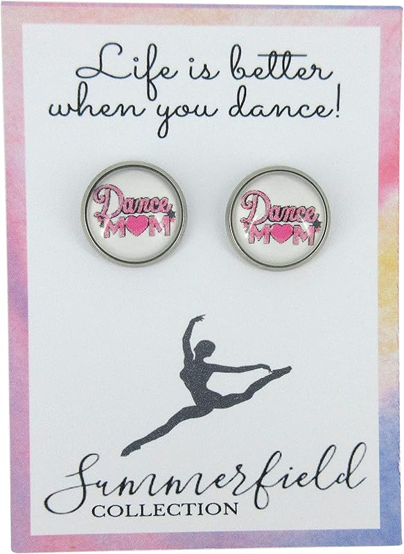 Summerfield Collection Stainless Steel Dance Mom Print Glass Stud Earrings 12mm (White and Pink w/Heart)