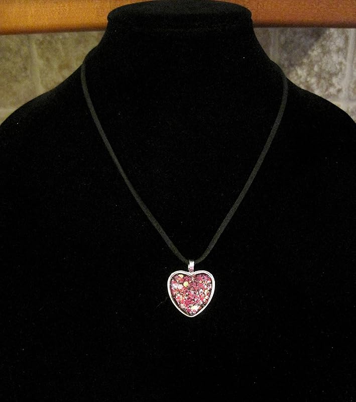 Summerfield Collection Silver-Tone Black and Pink Glitter Glass Heart Pendant Necklace Faux Suede Cord