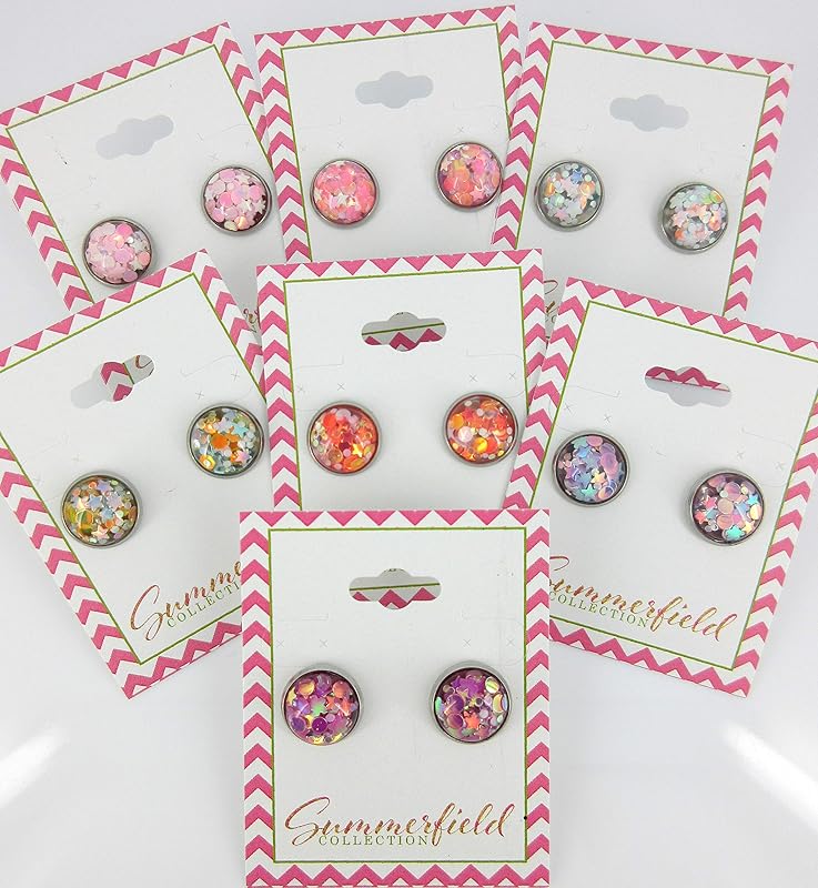 Summerfield Collection Stainless Steel Glitter Resin Globe Stud Earrings 12mm (Sunset)